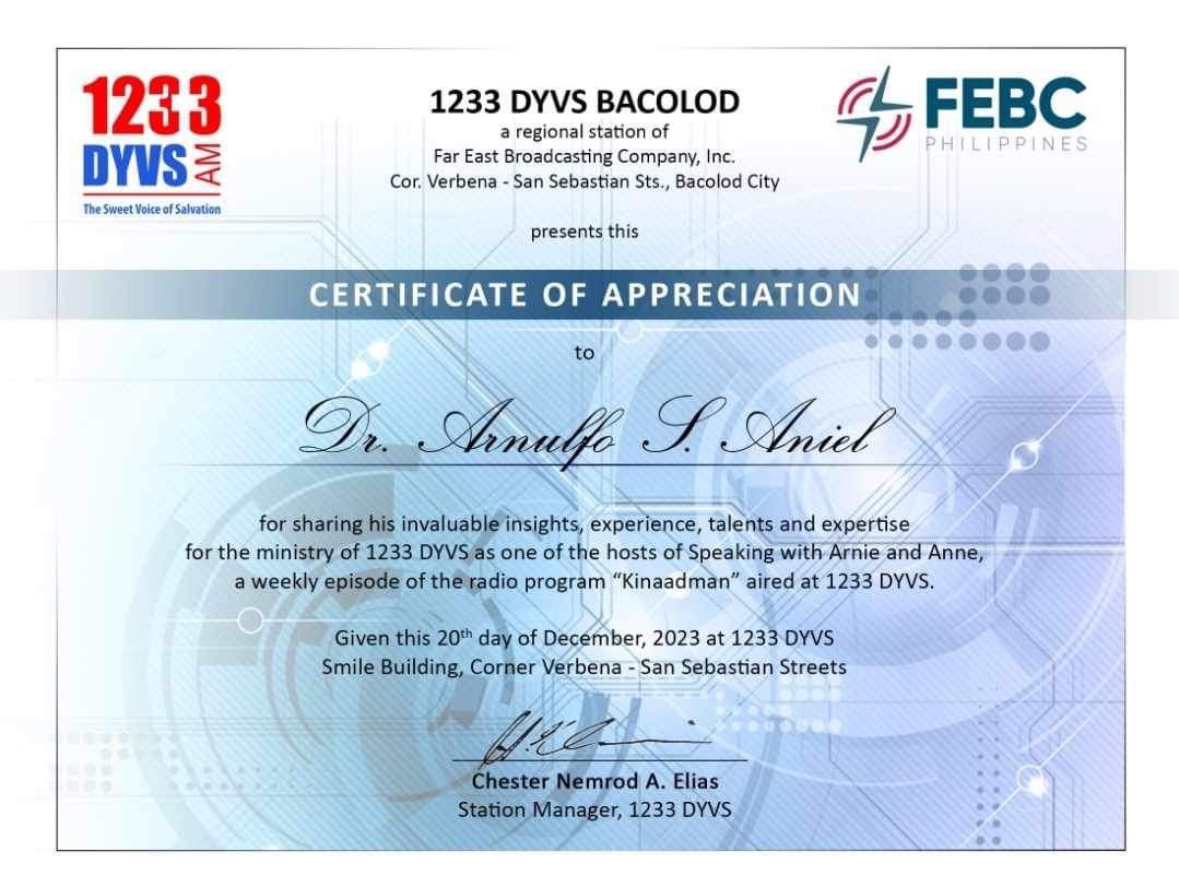 Radio Program Co-Host  1233 DYVS Bacolod Station, Philippines 2023